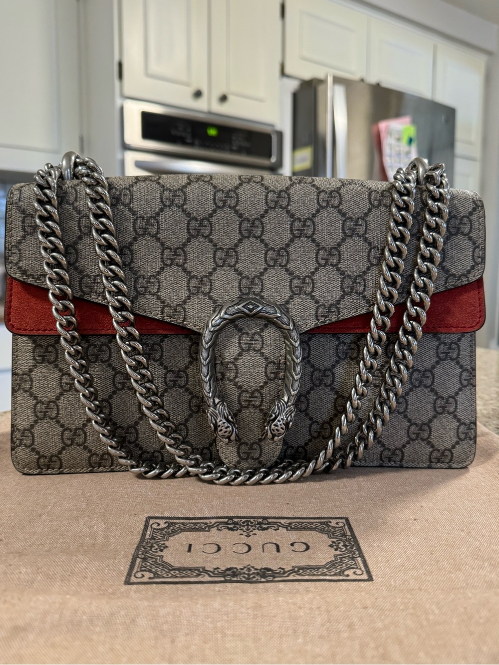 Gucci GG Supreme Shoulder Bag with Red Suede Trim